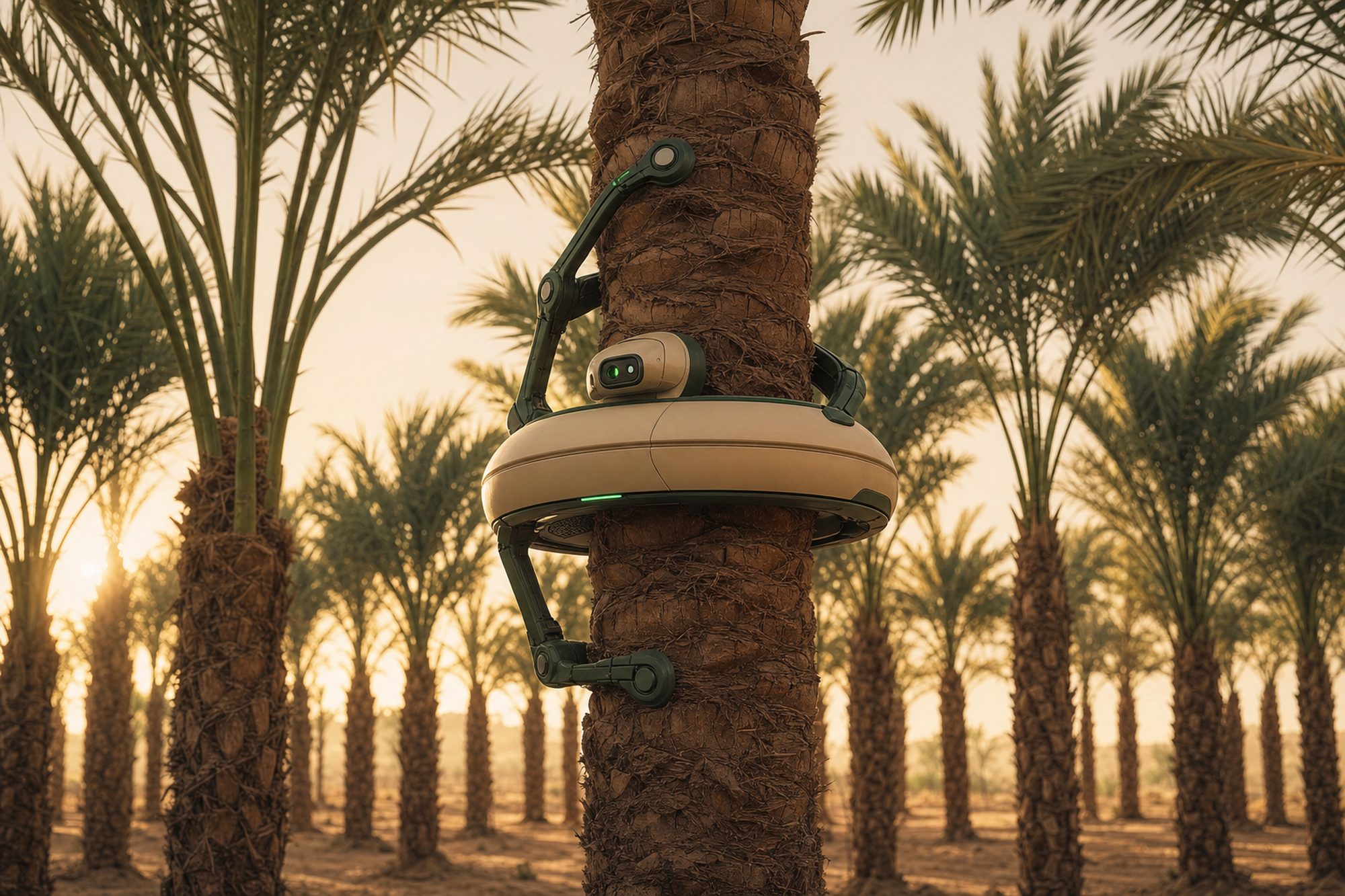 An autonomous robot climbing the trunk of a date palm in a Saudi plantation at golden hour